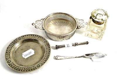 Lot 329 - S Mordan & Co silver pencil, a cut glass ink bottle, plated butter dish and knife and a plated dish