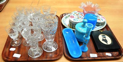 Lot 332 - Tray of assorted glassware, two framed portraits, dressing table set etc