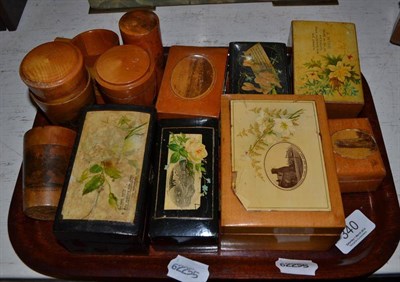 Lot 340 - Seven assorted Mauchline ware and transfer printed decorated treen boxes and six medicine cup...