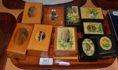 Lot 341 - Ten assorted Mauchline ware and transfer printed decorated treen boxes