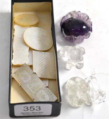 Lot 353 - Ten Chinese mother of pearl gaming tokens, two rock crystal Zodiac carvings, an amethyst...