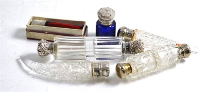 Lot 355 - Two silver mounted double scents, a silver and ruby glass scent and three others