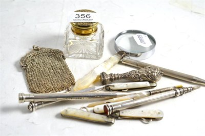 Lot 356 - Four silver propelling pencils, magnifier, toilet jar, four folding button hooks etc