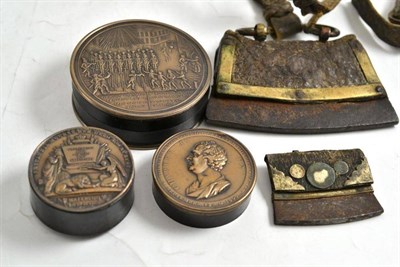 Lot 363 - Two Tibetan brass and leather tinder purses and two lidded caskets to commemorate Waterloo