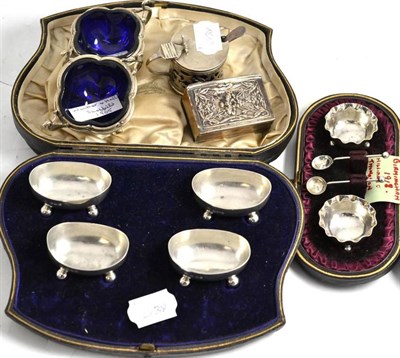 Lot 366 - A cased set of four silver salts, a cased set of two silver salts, two silver salts, a silver...