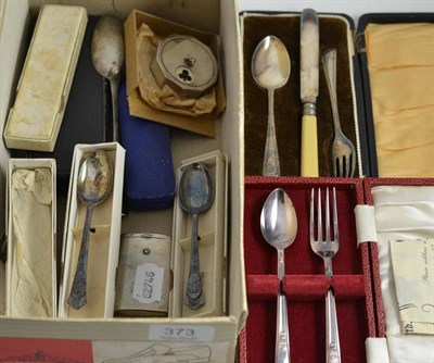 Lot 373 - A silver bridge marker, a silver vesta, silver spoons, silver plate etc