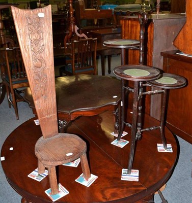 Lot 410 - Carved oak spinning chair, Edwardian centre table cut-down and a three tier mahogany cake stand