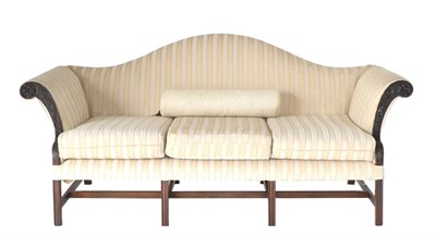 Lot 917 - A George III Style Carved Mahogany Three-Seater Sofa, probably 19th century, recovered in cream...