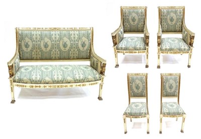 Lot 920 - A Five Piece Cream Painted and Part Gilt Salon Suite, in Empire style, upholstered in green and...