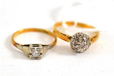 Lot 2 - An 18ct gold diamond cluster ring and a diamond solitaire ring (2)