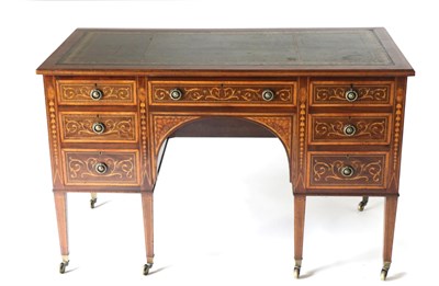 Lot 925 - An Edwardian Mahogany, Satinwood Banded and Marquetry Inlaid Desk, stamped Edwards & Roberts, circa