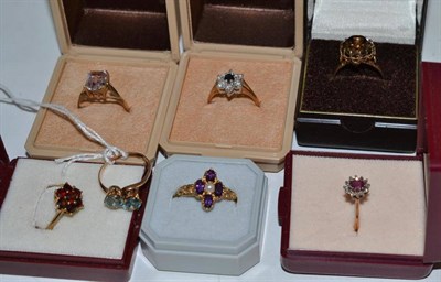 Lot 7 - Six assorted 9ct gold stone set dress rings and one other (7)
