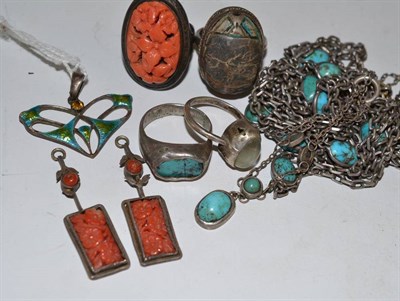 Lot 13 - An enamelled pendant by Charles Horner, a scarab ring, turquoise and coral set jewellery