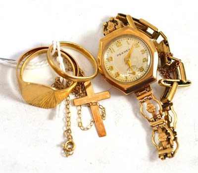 Lot 16 - Three 9ct gold rings, a cross on chain and a watch