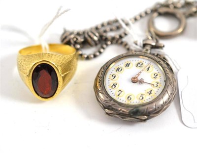 Lot 27 - 18ct gold and gem set signet ring and Continental silver fob watch and chain (2)