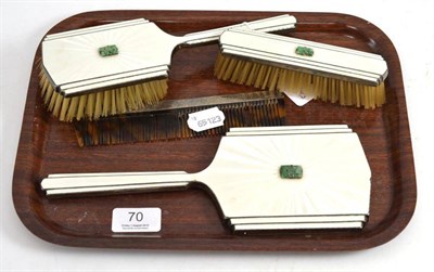 Lot 70 - An Art Deco silver, enamel and jade four piece dressing table set