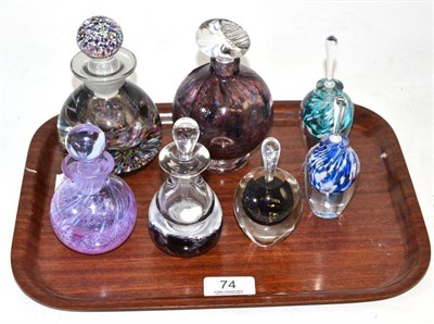 Lot 74 - Large CG Glass scent bottle and stopper with multi coloured base and top, 14cm by 9cm; modern...