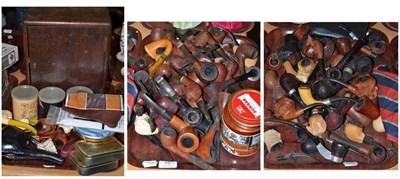 Lot 75 - A large collection of pipe smoking equipment including a large number of pipes, cabinet,...