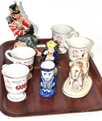 Lot 89 - Victorian cow creamer, set of four vintage Oxo mugs, Victorian Staffordshire pepper pot as a figure