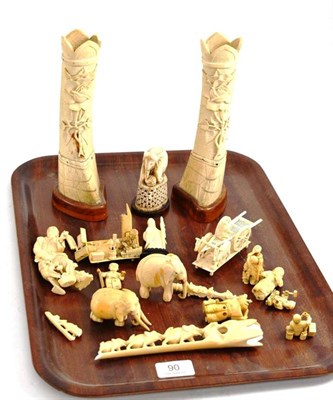 Lot 90 - A collection of ivory, circa 1900-1920, including netsuke, elephant bridge, okimono etc
