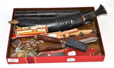 Lot 97 - An Indian Kukri, a copy of a Hitler Youth knife, a deer's foot knife, two cased throwing...