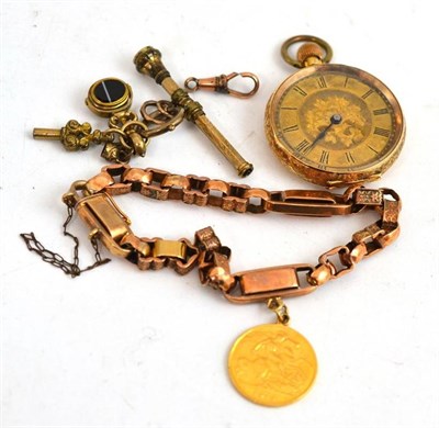 Lot 118 - A section of an Albert chain hung with a half sovereign, a 14ct gold fob watch, a watch key, swivel