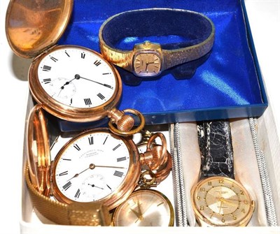 Lot 129 - A lady's 9ct gold wristwatch, two plated pocket watches, three other gentlemen's wristwatches and a