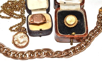 Lot 130 - Two rings, one stamped '9C', chain stamped '9C' to a plaque with attached locket stamped '9CT',...