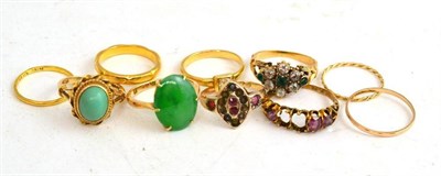 Lot 134 - Ten assorted gold rings, some gem-set including a 22ct gold band ring