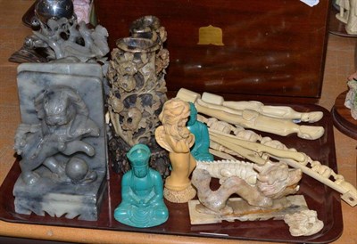 Lot 158 - A tray of Oriental items including soapstone vases, bookends, an African elephant bridge etc