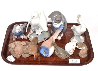 Lot 172 - Copenhagen porcelain cat, puppy, four birds, otter and mouse and a Lladro goose