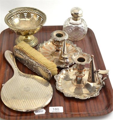 Lot 180 - Tray including a pair of chambersticks, silver topped scent bottle, silver hand mirror etc