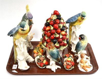 Lot 191 - Five German Ens porcelain birds, tall basket of fruit and four smaller and a Doulton My Teddy...