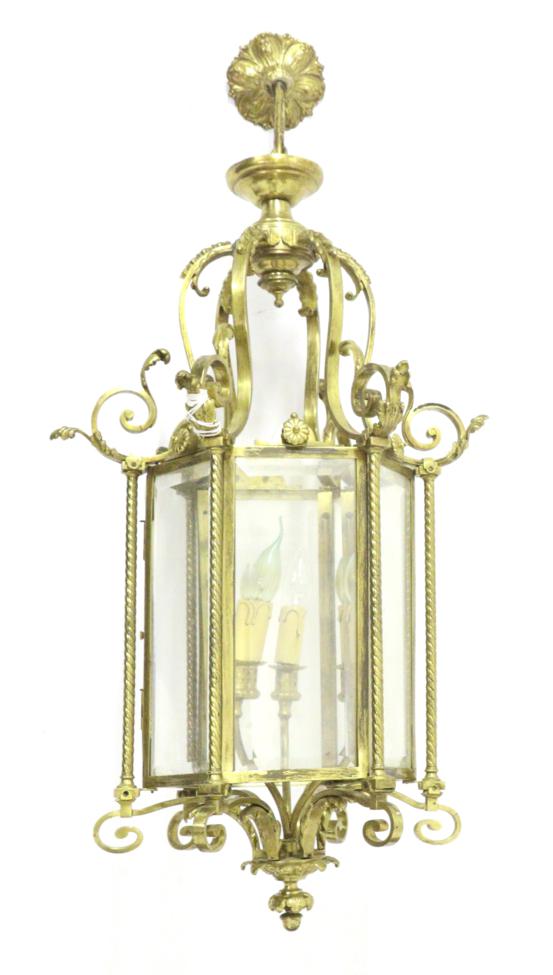 Lot 267 - A Victorian Brass Hanging Lantern, mid 19th century, of hexagonal shaped form with bevelled...