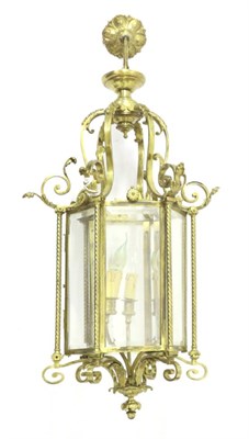 Lot 267A - A Victorian Brass Hanging Lantern, mid 19th century, of hexagonal shaped form with bevelled...