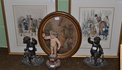 Lot 195 - Antique Spanish polychrome wood infant Jesus, a pair of spelter figures, pair of framed fashion...