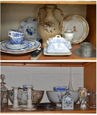 Lot 203 - Two Chinese exportware punch bowls, plate, vase and tea caddy, large faience vase, two dishes, drug