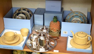 Lot 204 - A Wedgwood cane ware part tea set comprising cup and saucer, sugar basin and two plates, two...