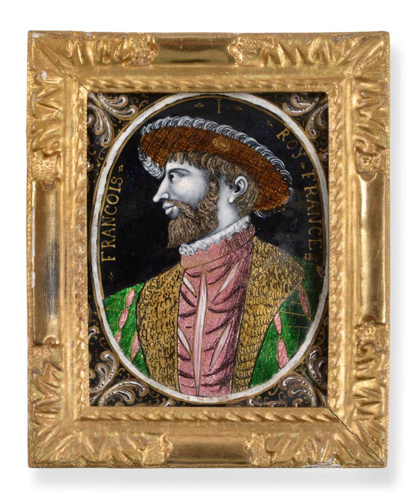 Lot 1 - A Limoges Enamel Plaque, probably 16th century, painted with a bust portrait of FRANCOIS I ROY...