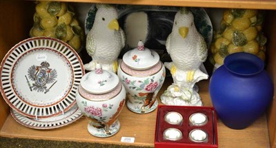 Lot 205 - Pair of Italian pottery cockatoos, pair of lemon pyramids, pair of Vista Alegre covered jars,...