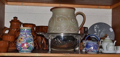 Lot 214 - A shelf of decorative ceramics including three pieces of Poole pottery, a large Denby jug, a...