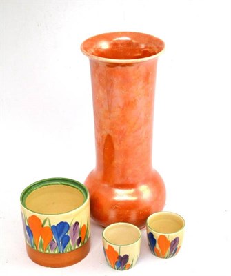 Lot 217 - A Ruskin lustre vase and a Clarice Cliff crocus pattern preserve pot and two egg cups