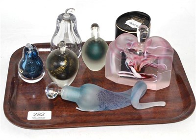 Lot 282 - Stuart Akroyd mottled glass scent bottle and stopper, 20cm; Kosta Crystal pear shaped scent...