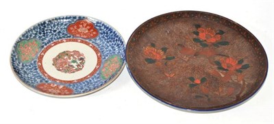 Lot 294 - Saucer shaped Japanese dish with raised enamel decoration with birds and a Japanese dish