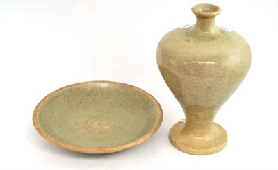 Lot 299 - Celadon dish and an Oriental crackle glaze vase (foot damaged)