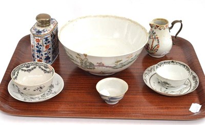 Lot 309 - Chinese polychrome bowl with Kangxi mark, silver mounted Chinese Imari caddy, silver handled...