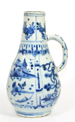 Lot 112 - A Kraak Porcelain Ewer, early 17th century, of pear shape with loop handle, typically painted...