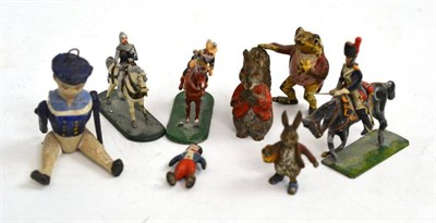 Lot 323 - Three miniature cold enamelled brass Beatrix Potter figures, three Niblett equestrian figures,...