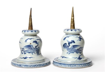 Lot 114 - A Pair of Gilt Metal Mounted Chinese Porcelain Altar Candlesticks, probably Kangxi, of inverted...