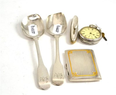 Lot 329 - Two Newcastle silver spoons, a silver and enamel cigarette case, a buffer and a silver pocket watch